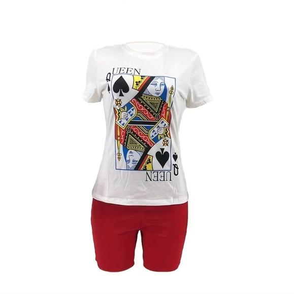 Womens White / Red 2-Piece "Queen" Short Set - Picture 6 of 7